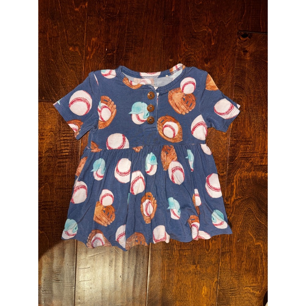 Posh Peanut Toddler Girls Blue Baseball Print Bamboo Henley Top 2T